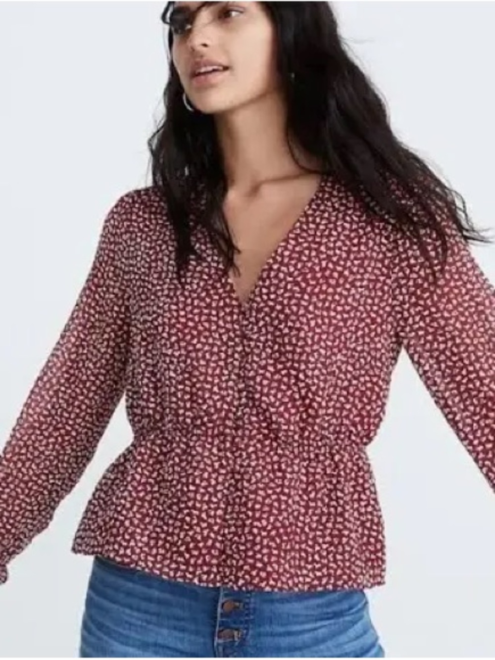 Madewell Feminine Overture Red Top Floral V-Neck Peplum Blouse